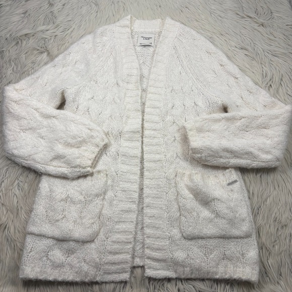 Abercrombie & Fitch Women's M White Cable-Knit Long Line Cardigan Soft Girl Cozy - Picture 1 of 5